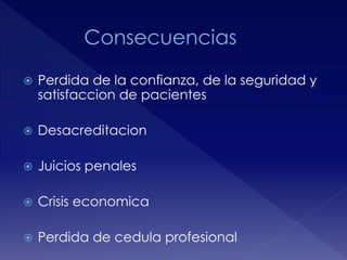  Perdida de la confianza, de la seguridad y 
satisfaccion de pacientes 
 Desacreditacion 
 Juicios penales 
 Crisis economica 
 Perdida de cedula profesional 
 