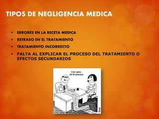 TIPOS DE NEGLIGENCIA MEDICA
 ERRORES EN LA RECETA MEDICA
 RETRASO EN EL TRATAMIENTO
 TRATAMIENTO INCORRECTO
 FALTA AL EXPLICAR EL PROCESO DEL TRATAMIENTO O
EFECTOS SECUNDARIOS
 
