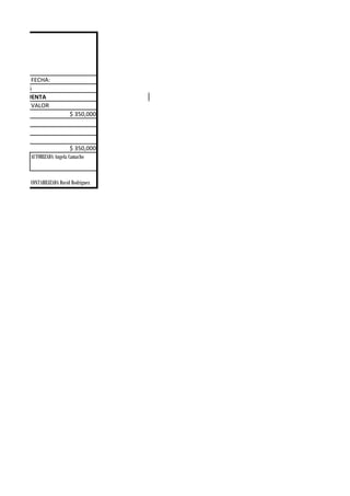 debito
0001
            FECHA:
 º 456788-56
HOS A SU CUENTA
            VALOR
                              $ 350,000




                              $ 350,000
           AUTORIZADA Angela Camacho


           CONTABILIZADA David Rodriguez
 