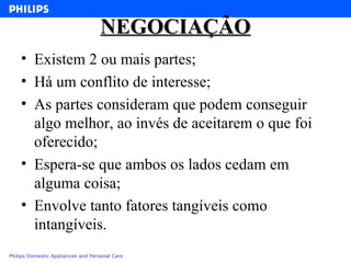 NEGOCIAÇÃO Existem 2 ou mais partes; Há um conflito de interesse; As partes consideram que podem conseguir algo melhor, ao invés de aceitarem o que foi oferecido; Espera-se que ambos os lados cedam em alguma coisa; Envolve tanto fatores tangíveis como intangíveis. 