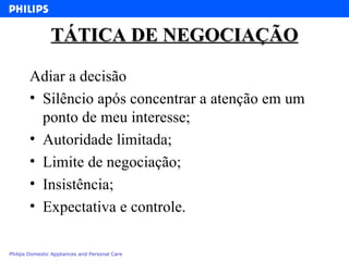 TÁTICA DE NEGOCIAÇÃO Adiar a decisão Silêncio após concentrar a atenção em um ponto de meu interesse; Autoridade limitada; Limite de negociação; Insistência; Expectativa e controle. 