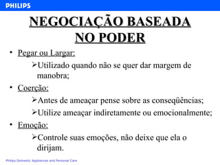 NEGOCIAÇÃO BASEADA NO PODER Pegar ou Largar: Utilizado quando não se quer dar margem de manobra; Coerção: Antes de ameaçar pense sobre as conseqüências; Utilize ameaçar indiretamente ou emocionalmente; Emoção: Controle suas emoções, não deixe que ela o dirijam. 