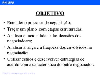 OBJETIVO Entender o processo de negociação; Traçar um plano  com etapas estruturadas; Analisar a racionalidade das decisões dos negociadores; Analisar a força e a fraqueza dos envolvidos na negociação; Utilizar estilos e desenvolver estratégias de acordo com a característica do outro negociador. 