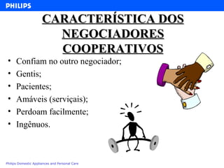 CARACTERÍSTICA DOS NEGOCIADORES COOPERATIVOS Confiam no outro negociador; Gentis; Pacientes; Amáveis (serviçais); Perdoam facilmente; Ingênuos. 
