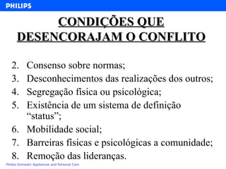 CONDIÇÕES QUE DESENCORAJAM O CONFLITO Consenso sobre normas; Desconhecimentos das realizações dos outros; Segregação física ou psicológica; Existência de um sistema de definição “status”; Mobilidade social;  Barreiras físicas e psicológicas a comunidade; Remoção das lideranças. 