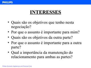 INTERESSES Quais são os objetivos que tenho nesta negociação? Por que o assunto é importante para mim? Quais são os objetivos da outra parte? Por que o assunto é importante para a outra parte? Qual a importância da manutenção do relacionamento para ambas as partes?  