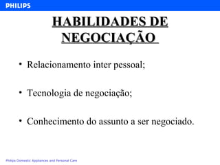 HABILIDADES DE NEGOCIAÇÃO  Relacionamento inter pessoal; Tecnologia de negociação; Conhecimento do assunto a ser negociado. 