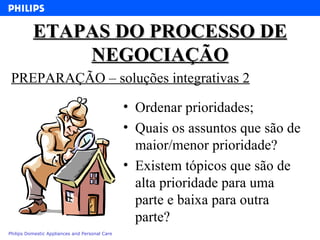 ETAPAS DO PROCESSO DE NEGOCIAÇÃO Ordenar prioridades; Quais os assuntos que são de maior/menor prioridade? Existem tópicos que são de alta prioridade para uma parte e baixa para outra parte? PREPARAÇÃO – soluções integrativas 2 