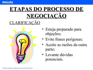 Esteja preparado para objeções; Evite frases perigosas; Aceite as razões da outra parte; Levante dúvidas potenciais. ETAPAS DO PROCESSO DE NEGOCIAÇÃO CLARIFICAÇÃO 