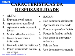 CARACTERÍSTICAS DA RESPOSABILIDADE ALTA: Expressa sentimentos Aparenta ser agradável Apresenta mais expressão faciais Muita inflexões verbais Gosto de conversas informais Gosta de ultilizar histórias Pouco estruturado no uso do tempo  BAIXA: Não demontra sentimento Apresenta ser reservado Poucas expressões faciais  Poucas inflaxões verbais Não gosta de conversar informais  Fala de fatos Uso do tempo estruturado 