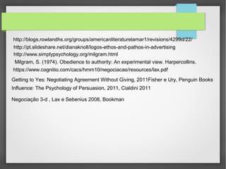 http://blogs.rowlandhs.org/groups/americanliteraturelamar1/revisions/4299d/22/
http://pt.slideshare.net/dianaknoll/logos-ethos-and-pathos-in-advertising
http://www.simplypsychology.org/milgram.html
Milgram, S. (1974). Obedience to authority: An experimental view. Harpercollins.
https://www.cognitio.com/cacs/hmm10/negociacao/resources/lax.pdf
Getting to Yes: Negotiating Agreement Without Giving, 2011Fisher e Ury, Penguin Books
Influence: The Psychology of Persuasion, 2011, Cialdini 2011
Negociação 3-d , Lax e Sebenius 2008, Bookman
 
