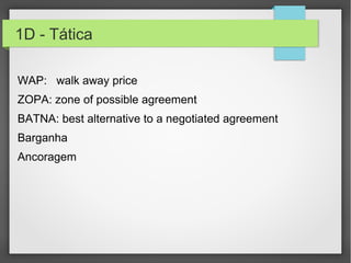 1D - Tática
WAP: walk away price
ZOPA: zone of possible agreement
BATNA: best alternative to a negotiated agreement
Barganha
Ancoragem
 