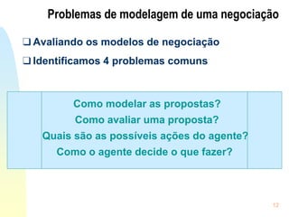 12
Problemas de modelagem de uma negociação
❑ Avaliando os modelos de negociação
❑ Identificamos 4 problemas comuns
Como modelar as propostas?
Como avaliar uma proposta?
Quais são as possíveis ações do agente?
Como o agente decide o que fazer?
 