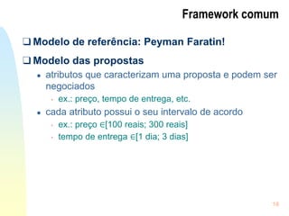 18
Framework comum
❑ Modelo de referência: Peyman Faratin!
❑ Modelo das propostas
● atributos que caracterizam uma proposta e podem ser
negociados
• ex.: preço, tempo de entrega, etc.
● cada atributo possui o seu intervalo de acordo
• ex.: preço ∈[100 reais; 300 reais]
• tempo de entrega ∈[1 dia; 3 dias]
 