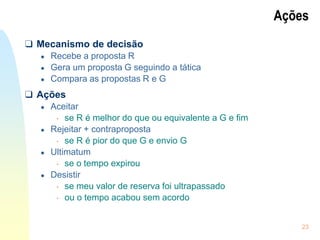 23
Ações
❑ Mecanismo de decisão
● Recebe a proposta R
● Gera um proposta G seguindo a tática
● Compara as propostas R e G
❑ Ações
● Aceitar
• se R é melhor do que ou equivalente a G e fim
● Rejeitar + contraproposta
• se R é pior do que G e envio G
● Ultimatum
• se o tempo expirou
● Desistir
• se meu valor de reserva foi ultrapassado
• ou o tempo acabou sem acordo
 