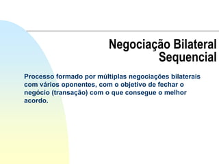 Negociação Bilateral
Sequencial
Processo formado por múltiplas negociações bilaterais
com vários oponentes, com o objetivo de fechar o
negócio (transação) com o que consegue o melhor
acordo.
 