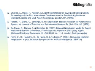 34
Bibliografia
❑ Chaves, A., Maes, P.: Kasbah, An Agent Marketplace for buying and Selling Goods.
Proceedings of the First International Conference on the Practical Application of
Intelligent Agents and Multi-Agent Technology. London, UK, (1996).
❑ Faratin, P., Sierra, C., Jennings, N. R.: Negotiation decision Function for Autonomous
Agents. Int. Journal of Robotics and Autonomous Systems 24 (3-4) 159-182, (1998).
❑ De Paula, G., Ramos, F. & Ramalho, G. (2001). Bilateral Negotiation Model for Agent
Mediated Electronic Commerce. Frank Dignum & Ulysses Cortez (eds). Agent
Mediated Electronic Commerce III. LNAI 2003. pp. 1-14. London: Springer-Verlag
❑ Pinho Jr., O., Ramalho, G., de Paula, G. & Tedesco, P. (2004). Sequential Bilateral
Negotiation. In proc. Brazilian Symposium on Artificial Intelligence (SBIA’04).
 