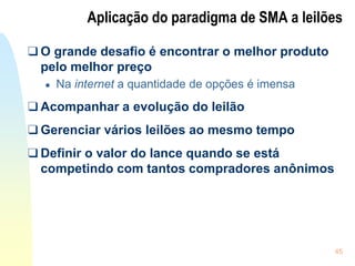 45
Aplicação do paradigma de SMA a leilões
❑ O grande desafio é encontrar o melhor produto
pelo melhor preço
● Na internet a quantidade de opções é imensa
❑ Acompanhar a evolução do leilão
❑ Gerenciar vários leilões ao mesmo tempo
❑ Definir o valor do lance quando se está
competindo com tantos compradores anônimos
 