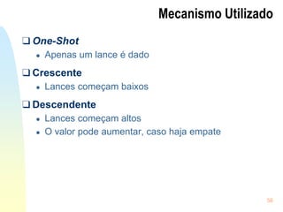 56
Mecanismo Utilizado
❑ One-Shot
● Apenas um lance é dado
❑ Crescente
● Lances começam baixos
❑ Descendente
● Lances começam altos
● O valor pode aumentar, caso haja empate
 