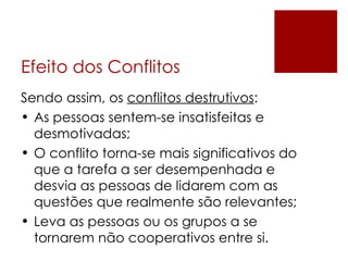 Efeito dos Conflitos Sendo assim, os  conflitos destrutivos : As pessoas sentem-se insatisfeitas e desmotivadas; O conflito torna-se mais significativos do que a tarefa a ser desempenhada e desvia as pessoas de lidarem com as questões que realmente são relevantes; Leva as pessoas ou os grupos a se tornarem não cooperativos entre si. 