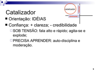 Catalizador Orientação: IDÉIAS Confiança: + clareza; - credibilidade SOB TENSÃO: fala alto e rápido; agita-se e explode; PRECISA APRENDER: auto-disciplina e moderação. catalizador informal dominante 
