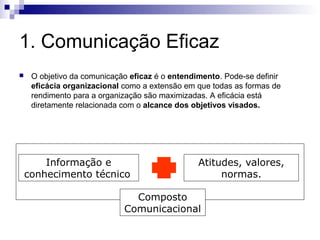 1. Comunicação Eficaz
    O objetivo da comunicação eficaz é o entendimento. Pode-se definir
     eficácia organizacional como a extensão em que todas as formas de
     rendimento para a organização são maximizadas. A eficácia está
     diretamente relacionada com o alcance dos objetivos visados.




        Informação e                             Atitudes, valores,
    conhecimento técnico                              normas.

                               Composto
                             Comunicacional
 