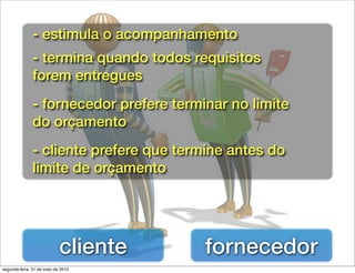 - estimula o acompanhamento
               - termina quando todos requisitos
               forem entregues
               - fornecedor prefere terminar no limite
               do orçamento
               - cliente prefere que termine antes do
               limite de orçamento




                            cliente      fornecedor
segunda-feira, 31 de maio de 2010
 