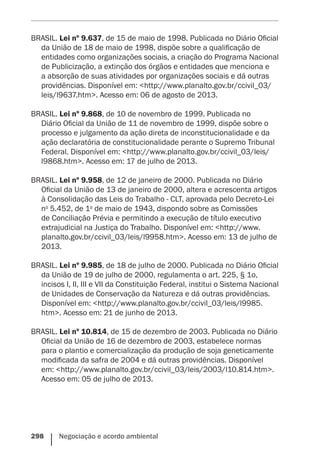 298    Negociação e acordo ambiental
BRASIL. Lei nº 9.637, de 15 de maio de 1998. Publicada no Diário Oficial
da União de 18 de maio de 1998, dispõe sobre a qualificação de
entidades como organizações sociais, a criação do Programa Nacional
de Publicização, a extinção dos órgãos e entidades que menciona e
a absorção de suas atividades por organizações sociais e dá outras
providências. Disponível em: <http://www.planalto.gov.br/ccivil_03/
leis/l9637.htm>. Acesso em: 06 de agosto de 2013.
BRASIL. Lei nº 9.868, de 10 de novembro de 1999. Publicada no
Diário Oficial da União de 11 de novembro de 1999, dispõe sobre o
processo e julgamento da ação direta de inconstitucionalidade e da
ação declaratória de constitucionalidade perante o Supremo Tribunal
Federal. Disponível em: <http://www.planalto.gov.br/ccivil_03/leis/
l9868.htm>. Acesso em: 17 de julho de 2013.
BRASIL. Lei nº 9.958, de 12 de janeiro de 2000. Publicada no Diário
Oficial da União de 13 de janeiro de 2000, altera e acrescenta artigos
à Consolidação das Leis do Trabalho - CLT, aprovada pelo Decreto-Lei
no
 5.452, de 1o
 de maio de 1943, dispondo sobre as Comissões
de Conciliação Prévia e permitindo a execução de título executivo
extrajudicial na Justiça do Trabalho. Disponível em: <http://www.
planalto.gov.br/ccivil_03/leis/l9958.htm>. Acesso em: 13 de julho de
2013.
BRASIL. Lei nº 9.985, de 18 de julho de 2000. Publicada no Diário Oficial
da União de 19 de julho de 2000, regulamenta o art. 225, § 1o,
incisos I, II, III e VII da Constituição Federal, institui o Sistema Nacional
de Unidades de Conservação da Natureza e dá outras providências.
Disponível em: <http://www.planalto.gov.br/ccivil_03/leis/l9985.
htm>. Acesso em: 21 de junho de 2013.
BRASIL. Lei nº 10.814, de 15 de dezembro de 2003. Publicada no Diário
Oficial da União de 16 de dezembro de 2003, estabelece normas
para o plantio e comercialização da produção de soja geneticamente
modificada da safra de 2004 e dá outras providências. Disponível
em: <http://www.planalto.gov.br/ccivil_03/leis/2003/l10.814.htm>.
Acesso em: 05 de julho de 2013.
 