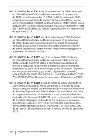 302    Negociação e acordo ambiental
RIO DE JANEIRO. Lei nº 3.111, de 18 de novembro de 1998. Publicado
no Diário Oficial do Estado do Rio de Janeiro de 19 de novembro
de 1998, complementa a Lei nº 1.356, de 03 de outubro de 1988,
estabelecendo o princípio da análise coletiva de EIA-RIMA, quando
numa mesma Bacia Hidrográfica. Disponível em: <http://alerjln1.alerj.
rj.gov.br/CONTLEI.NSF/c8aa0900025feef6032564ec0060dfff/46feb
5cb70bd1433032566c10075dba9?OpenDocument>. Acesso em: 03
de agosto de 2013.
RIO DE JANEIRO. Lei nº 3.467, de 14 de setembro de 2000. Publicado
no Diário Oficial do Estado do Rio de Janeiro de 15 de setembro
de 2000, dispõe sobre as sanções administrativas derivadas de
condutas lesivas ao meio ambiente no Estado do Rio de Janeiro e
dá outras providências. Disponível em: <http://www.alerj.rj.gov.br>.
Acesso em: 17 de maio de 2013.
RIO DE JANEIRO. Lei nº 4.372, de 13 de junho de 2006. Publicada
no Diário Oficial do Estado do Rio de Janeiro em 14 de junho de
2006, concede incentivos fiscais à construção e à operação de
terminais portuários relacionadas à implementação de Complexo
Siderúrgico na Zona Oeste do Município do Rio de Janeiro. Disponível
em: <http://mail.camara.rj.gov.br/APL/Legislativos/contlei.nsf/
bff0b82192929c2303256bc30052cb1c/ddb752eee98780310325
76ac0072788d?OpenDocument>. Acesso em: 23 de julho de 2013.
RIO DE JANEIRO. Lei nº 4.529, de 31 de março de 2005. Publicada no
Diário Oficial do Estado do Rio de Janeiro em 01 de abril de 2005,
aprova o enquadramento das sociedades CSA Companhia Siderúrgica
do Atlântico, ThyssenKrupp Steel A. G e Companhia Vale do Rio Doce
no programa de atração de investimentos estruturantes - Rio Invest,
instituído pelo Decreto nº 23.012/97, para a construção e exploração
de complexo siderúrgico no Estado do Rio de Janeiro e dá outras
providências. Disponível em: <http://alerjln1.alerj.rj.gov.br/contlei.
nsf/e9589b9aabd9cac8032564fe0065abb4/2176e373c9019ef1
832570a60075f0a1?OpenDocument>. Acesso em: 02 de agosto de
2013.
 
