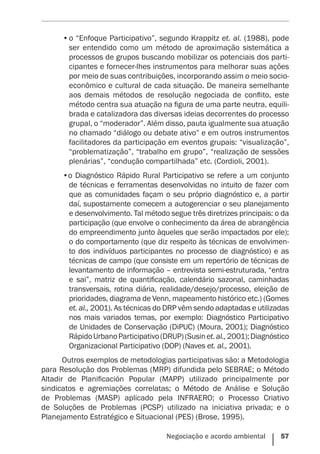 Negociação e acordo ambiental    57
•	o “Enfoque Participativo”, segundo Krappitz et. al. (1988), pode
ser entendido como um método de aproximação sistemática a
processos de grupos buscando mobilizar os potenciais dos parti-
cipantes e fornecer-lhes instrumentos para melhorar suas ações
por meio de suas contribuições, incorporando assim o meio socio-
econômico e cultural de cada situação. De maneira semelhante
aos demais métodos de resolução negociada de conflito, este
método centra sua atuação na figura de uma parte neutra, equili-
brada e catalizadora das diversas ideias decorrentes do processo
grupal, o “moderador”. Além disso, pauta igualmente sua atuação
no chamado “diálogo ou debate ativo” e em outros instrumentos
facilitadores da participação em eventos grupais: “visualização”,
“problematização”, “trabalho em grupo”, “realização de sessões
plenárias”, “condução compartilhada” etc. (Cordioli, 2001).
•	o Diagnóstico Rápido Rural Participativo se refere a um conjunto
de técnicas e ferramentas desenvolvidas no intuito de fazer com
que as comunidades façam o seu próprio diagnóstico e, a partir
daí, supostamente comecem a autogerenciar o seu planejamento
e desenvolvimento. Tal método segue três diretrizes principais: o da
participação (que envolve o conhecimento da área de abrangência
do empreendimento junto àqueles que serão impactados por ele);
o do comportamento (que diz respeito às técnicas de envolvimen-
to dos indivíduos participantes no processo de diagnóstico) e as
técnicas de campo (que consiste em um repertório de técnicas de
levantamento de informação – entrevista semi-estruturada, “entra
e sai”, matriz de quantificação, calendário sazonal, caminhadas
transversais, rotina diária, realidade/desejo/processo, eleição de
prioridades, diagrama de Venn, mapeamento histórico etc.) (Gomes
et. al., 2001). As técnicas do DRP vêm sendo adaptadas e utilizadas
nos mais variados temas, por exemplo: Diagnóstico Participativo
de Unidades de Conservação (DiPUC) (Moura, 2001); Diagnóstico
RápidoUrbanoParticipativo(DRUP)(Susinet.al.,2001);Diagnóstico
Organizacional Participativo (DOP) (Naves et. al., 2001).
Outros exemplos de metodologias participativas são: a Metodologia
para Resolução dos Problemas (MRP) difundida pelo SEBRAE; o Método
Altadir de Planificación Popular (MAPP) utilizado principalmente por
sindicatos e agremiações correlatas; o Método de Análise e Solução
de Problemas (MASP) aplicado pela INFRAERO; o Processo Criativo
de Soluções de Problemas (PCSP) utilizado na iniciativa privada; e o
Planejamento Estratégico e Situacional (PES) (Brose, 1995).
 