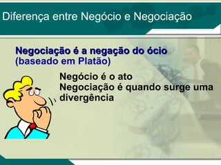 Diferença entre Negócio e Negociação
Negociação é a negação do ócio
(baseado em Platão)
Negócio é o ato
Negociação é quando surge uma
divergência

 
