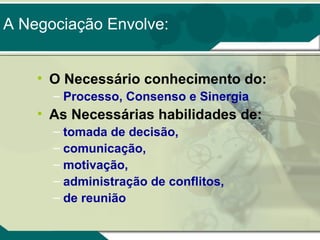 A Negociação Envolve:
• O Necessário conhecimento do:
– Processo, Consenso e Sinergia

• As Necessárias habilidades de:
– tomada de decisão,
– comunicação,
– motivação,
– administração de conflitos,
– de reunião

 