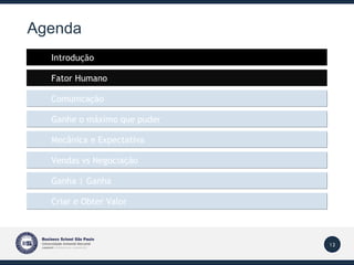 Agenda Introdução Mecânica e Expectativa Fator Humano Vendas vs Negociação Comunicação Ganha | Ganha Criar e Obter Valor Ganhe o máximo que puder 
