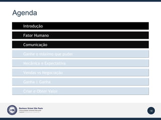 Agenda Introdução Mecânica e Expectativa Fator Humano Vendas vs Negociação Comunicação Ganha | Ganha Criar e Obter Valor Ganhe o máximo que puder 