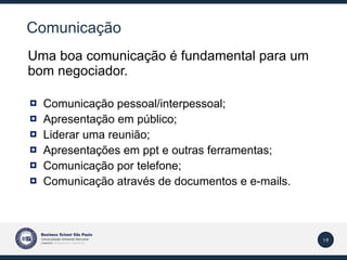 Comunicação Uma boa comunicação é fundamental para um bom negociador. Comunicação pessoal/interpessoal; Apresentação em público; Liderar uma reunião; Apresentações em ppt e outras ferramentas; Comunicação por telefone; Comunicação através de documentos e e-mails. 