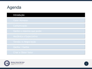 Agenda Introdução Mecânica e Expectativa Fator Humano Vendas vs Negociação Comunicação Ganha | Ganha Criar e Obter Valor Ganhe o máximo que puder 