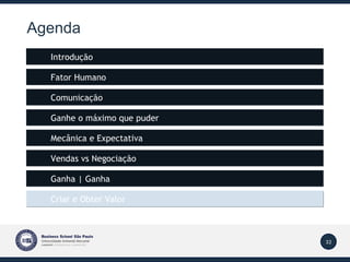 Agenda Introdução Mecânica e Expectativa Fator Humano Vendas vs Negociação Comunicação Ganha | Ganha Criar e Obter Valor Ganhe o máximo que puder 