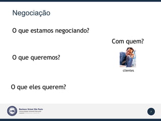 Negociação O que queremos? O que eles querem? O que estamos negociando? Com quem? clientes 
