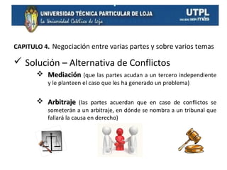 CAPITULO 4. Negociación entre varias partes y sobre varios temas

 Solución – Alternativa de Conflictos
 Mediación (que las partes acudan a un tercero independiente
y le planteen el caso que les ha generado un problema)

 Arbitraje (las partes acuerdan que en caso de conflictos se
someterán a un arbitraje, en dónde se nombra a un tribunal que
fallará la causa en derecho)

 