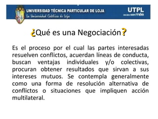 ¿Qué es una Negociación?
Es el proceso por el cual las partes interesadas
resuelven conflictos, acuerdan líneas de conducta,
buscan ventajas individuales y/o colectivas,
procuran obtener resultados que sirvan a sus
intereses mutuos. Se contempla generalmente
como una forma de resolución alternativa de
conflictos o situaciones que impliquen acción
multilateral.

 