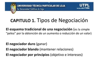 CAPITULO 1. Tipos de Negociación
El esquema tradicional de una negociación (es la simple

“pelea” por la obtención de un aumento o reducción de un valor)

El negociador duro (ganar)
El negociador blando (mantener relaciones)
El negociador por principios (objetivo e intereses)

 