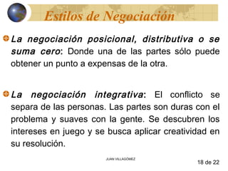 Estilos de Negociación
La negociación posicional, distributiva o se
suma cero : Donde una de las partes sólo puede
obtener un punto a expensas de la otra.


La negociación integrativa : El conflicto se
separa de las personas. Las partes son duras con el
problema y suaves con la gente. Se descubren los
intereses en juego y se busca aplicar creatividad en
su resolución.
                       JUAN VILLAGÓMEZ
                                              18 de 22
 