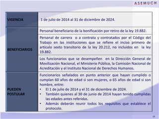23
VIGENCIA 1 de julio de 2014 al 31 de diciembre de 2024.
BENEFICIARIOS
Personal beneficiario de la bonificación por reti...