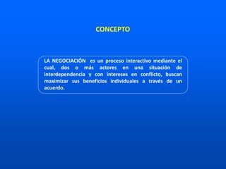 LA NEGOCIACIÓN es un proceso interactivo mediante el
cual, dos o más actores en una situación de
interdependencia y con intereses en conflicto, buscan
maximizar sus beneficios individuales a través de un
acuerdo.
CONCEPTO
 