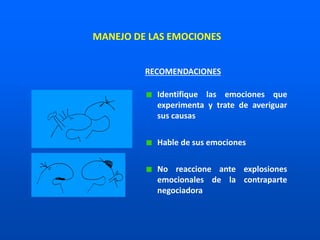 RECOMENDACIONES
Identifique las emociones que
experimenta y trate de averiguar
sus causas
Hable de sus emociones
No reaccione ante explosiones
emocionales de la contraparte
negociadora
MANEJO DE LAS EMOCIONES
 