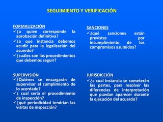 SANCIONES
¿qué sanciones están
previstas por
incumplimiento de los
compromisos asumidos?
JURISDICCIÓN
¿a cual instancia se someterán
las partes, para resolver las
diferencias de interpretación
que puedan aparecer durante
la ejecución del acuerdo?
FORMALIZACIÓN
¿a quien corresponde la
aprobación definitiva?
¿a que instancia debemos
acudir para la legalización del
acuerdo?
¿cuáles son los procedimientos
que debemos seguir?
SUPERVISIÓN
¿Quiénes se encargarán de
supervisar el cumplimiento de
lo acordado?
¿ cual sería el procedimiento
de inspección?
¿qué periodicidad tendrían las
visitas de inspección?
SEGUIMIENTO Y VERIFICACIÓN
 
