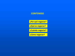 ¿Cómo negociar?
CONTENIDO
¿Cuándo negociar?
¿Qué es negociar?
¿Por qué negociar?
 