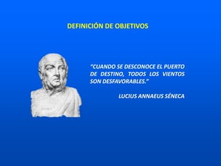 “CUANDO SE DESCONOCE EL PUERTO
DE DESTINO, TODOS LOS VIENTOS
SON DESFAVORABLES.”
LUCIUS ANNAEUS SÉNECA
DEFINICIÓN DE OBJETIVOS
 