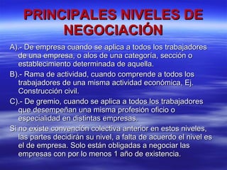 PRINCIPALES NIVELES DE NEGOCIACIÓN A).- De empresa cuando se aplica a todos los trabajadores de una empresa, o alos de una categoría, sección o establecimiento determinada de aquella.  B).- Rama de actividad, cuando comprende a todos los trabajadores de una misma actividad económica, Ej. Construcción civil. C).- De gremio, cuando se aplica a todos los trabajadores que desempeñan una misma profesión oficio o especialidad en distintas empresas. Si no existe convención colectiva anterior en estos niveles, las partes decidirán su nivel, a falta de acuerdo el nivel es el de empresa. Solo están obligadas a negociar las empresas con por lo menos 1 año de existencia. 