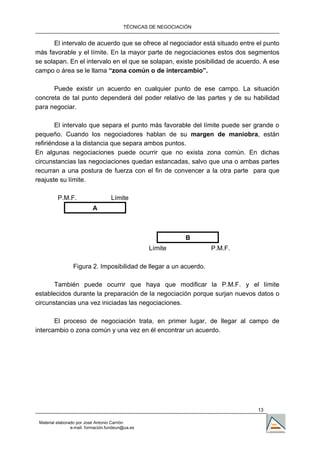 TÉCNICAS DE NEGOCIACIÓN


       El intervalo de acuerdo que se ofrece al negociador está situado entre el punto
más favorable y el límite. En la mayor parte de negociaciones estos dos segmentos
se solapan. En el intervalo en el que se solapan, existe posibilidad de acuerdo. A ese
campo o área se le llama “zona común o de intercambio”.

      Puede existir un acuerdo en cualquier punto de ese campo. La situación
concreta de tal punto dependerá del poder relativo de las partes y de su habilidad
para negociar.

        El intervalo que separa el punto más favorable del límite puede ser grande o
pequeño. Cuando los negociadores hablan de su margen de maniobra, están
refiriéndose a la distancia que separa ambos puntos.
En algunas negociaciones puede ocurrir que no exista zona común. En dichas
circunstancias las negociaciones quedan estancadas, salvo que una o ambas partes
recurran a una postura de fuerza con el fin de convencer a la otra parte para que
reajuste su límite.

          P.M.F.                    Límite
                           A



                                                               B
                                                   Límite           P.M.F.

                 Figura 2. Imposibilidad de llegar a un acuerdo.

       También puede ocurrir que haya que modificar la P.M.F. y el límite
establecidos durante la preparación de la negociación porque surjan nuevos datos o
circunstancias una vez iniciadas las negociaciones.

       El proceso de negociación trata, en primer lugar, de llegar al campo de
intercambio o zona común y una vez en él encontrar un acuerdo.




                                                                              13

 Material elaborado por José Antonio Carrión
                 e-mail. formación.fundeun@ua.es
 